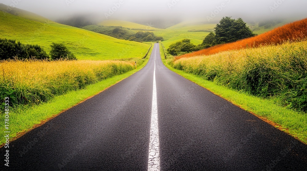 Naklejka premium A Long Straight Rural Road Between Vibrant Green and Golden Fields