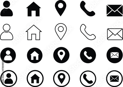 Flat vector icons representing contact information and communication symbols, including phone, email, address, website, and location. Perfect for business cards, web, and corporate designs.
