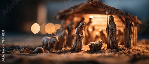 Nativity scene with baby Jesus, Mary, and Joseph figurines in a rustic stable Christmas holiday concept of faith, tradition, and religious celebration
