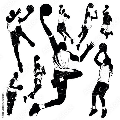 Basketball player silhouettes in dynamic action poses dribbling shooting dunking jumping