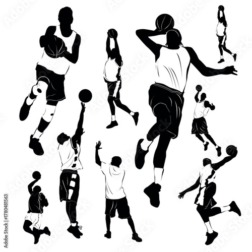 Basketball player silhouettes in action poses dribbling shooting dunking passing defending