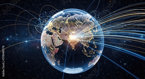 Wallpaper Mural Glowing Earth, illuminated cities, interconnected by flowing lines in space, conveying global networks Torontodigital.ca