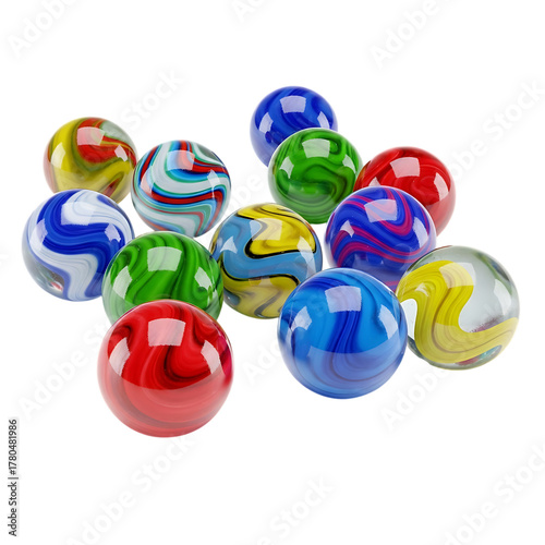 Collection of colorful swirled glass marbles on a black background