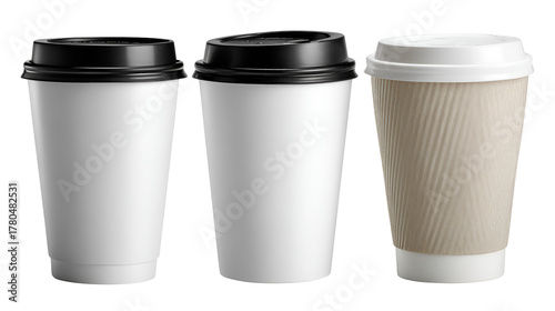 Wallpaper Mural Three blank white disposable coffee cups with black and white lids isolated on transparent background Torontodigital.ca