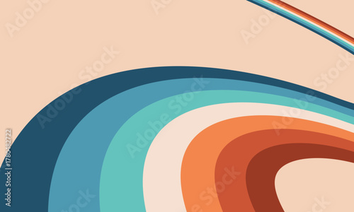 Retro abstract background with flowing curved stripes in orange, teal, and beige tones, 70s inspired vintage vector design for poster, wallpaper, or graphic layout