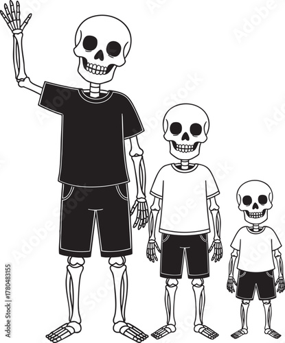A friendly cartoon skeleton family of three dressed in tshirts and shorts with the tallest one waving hello.