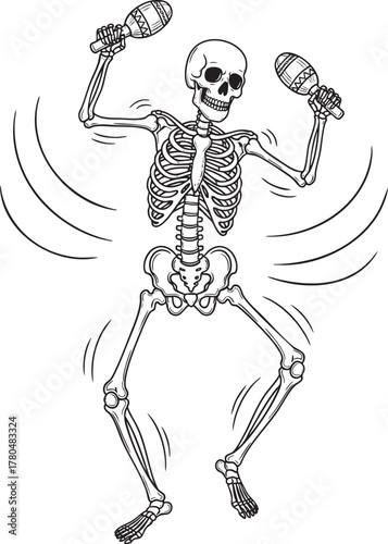 A grinning skeleton in a dynamic dancing pose shaking maracas presented as a black and white line art cartoon.