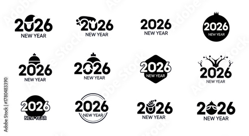 Collection of twelve unique New Year 2026 logo designs and icons, featuring festive elements and typography.