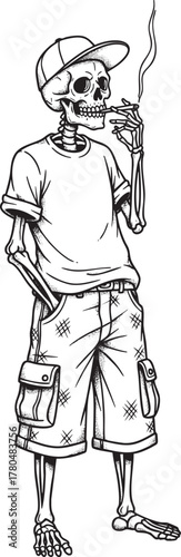A handdrawn skeleton character in a backwards cap and cargo shorts smoking a cigarette.