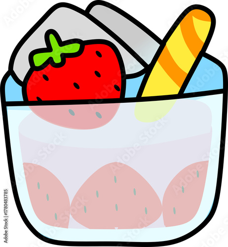 Sweet Strawberry Dessert in a Glass with Wafer and Ice