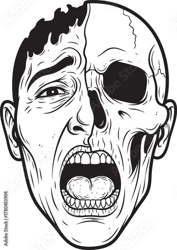 A screaming mans face split in half transforming into a decaying skull in a black and white line art illustration.