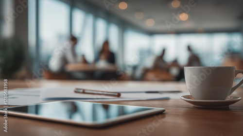 A coffee cup, tablet, and documents