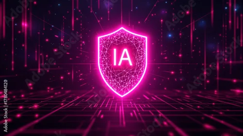 Obraz Bouclier holographique en fil de néon rose brillant sur fond cosmique avec matrice et texte IA au centre