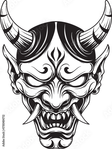 Black and white illustration of a fierce Japanese Oni demon mask with sharp horns fangs and an angry expression.