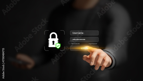 Data protection, cybersecurity and encryption, user authentication and secure access system, online privacy concept. Lock with protection shield. Businessman log-in with secure password interface. 3D