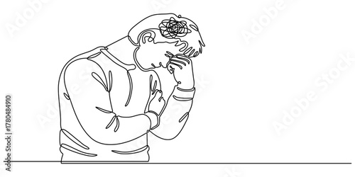 Man in depression, stressed, headache and despair continuous one line drawing. Single line art illustration of confusing and stressed person. Editable vector, Continuous line drawings of a young man.