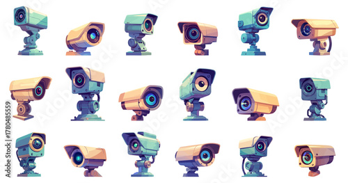 Set of cartoon surveillance cameras from different angles, vector illustration