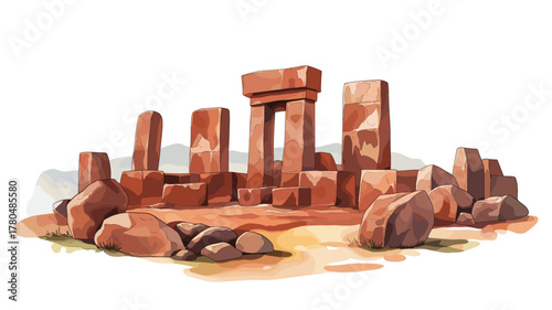 Tiwanaku Archaeological Site. Tiwanaku Archaeological Site hand drawn watercolor illustration