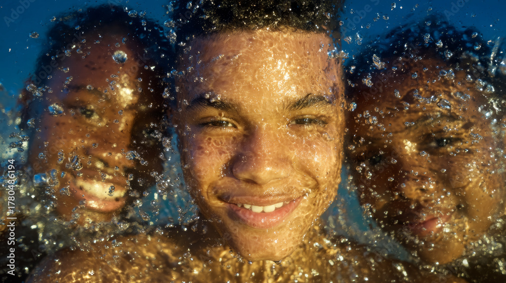 Fototapeta premium Three smiling teenagers underwater joyful expressions close up water droplets summer fun friendship sunlight outdoor activity carefree mood vibrant colors