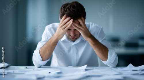 Stressed businessman office paperwork frustration anxiety overwhelmed stress workplace fatigue headache pressure deadline paperwork