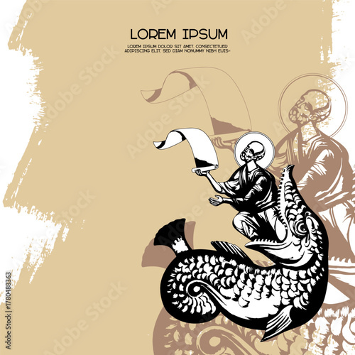 Religious vintage poster template with Saint Jonah and the Whale. Christian illustration in Byzantine style