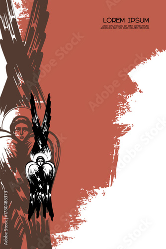 Religious vintage poster template with the seraphim. Christian illustration in Byzantine style