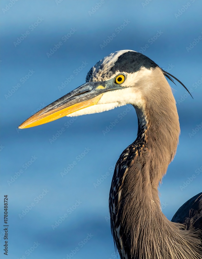 Fototapeta premium A close-up portrait of a majestic heron. The bird has a long yellow beak and striking yellow eyes against a blurred blue background