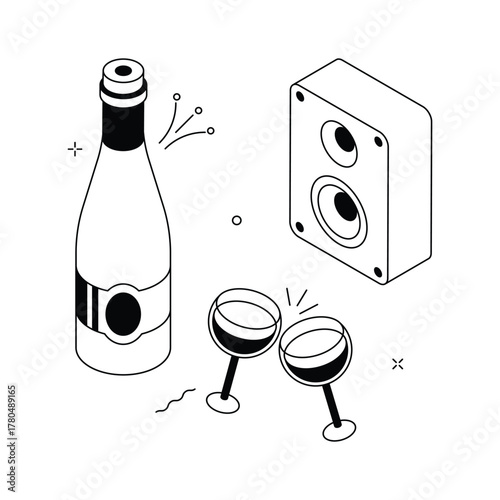 Festive champagne bottle with two glasses in isometric style