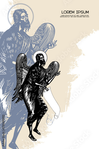 Religious vintage poster template with John Baptist, Saint John the Forerunner, John the Immerser, Prophet Yahya, John the Baptizer. Christian illustration in Byzantine style