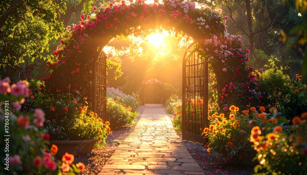Obraz premium Stone pathway through a summer garden with lush grass and surrounding trees under a clear sky landscape