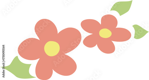 2つの赤い満開の花と葉のイラスト	
