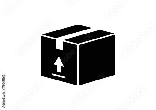 Minimal black vector illustration of shipping delivery box icon with up-arrow mark, isolated on white background, perfect for logistics, packaging, and e-commerce graphics.