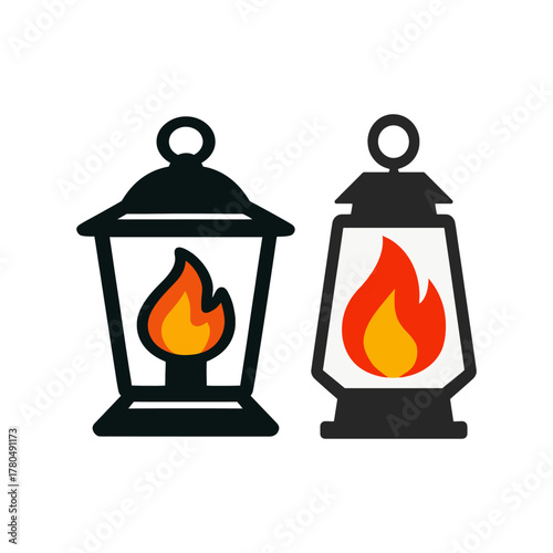 Two vintage oil lanterns with glowing flames isolated on transparent background