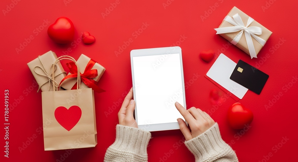Obraz premium Overhead view of hands holding a tablet with blank screen surrounded by gift bags wrapped presents credit cards and red hearts on a vibrant red background Shopping Valentine Love Technology