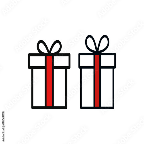 Two simple white gift boxes with red ribbon isolated on transparent background
