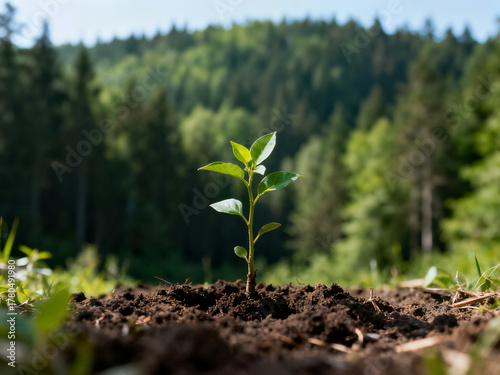 A single, tiny green sapling grows in the dark soil, set against a soft focus backdrop of a lush, dense, green forest and nature reserve.