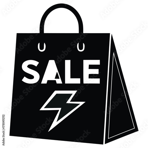 Black Shopping Bag with SALE Text and Lightning Bolt Icon, black shopping bag with sale sign
