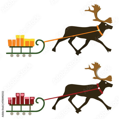Reindeer Pulling Sleigh with Christmas Gifts Vector Illustration, reindeer with Christmas gifts