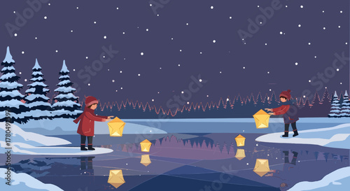 Children Releasing Christmas Star Lanterns by Frozen Lake