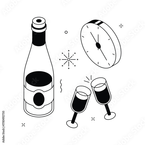 Champagne bottle and glasses with clock showing midnight for New Year celebration
