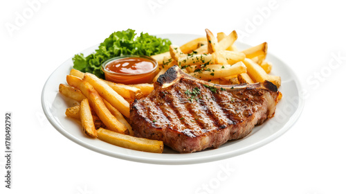 Grilled steak with french fries and lettuce isolated on a transparent background