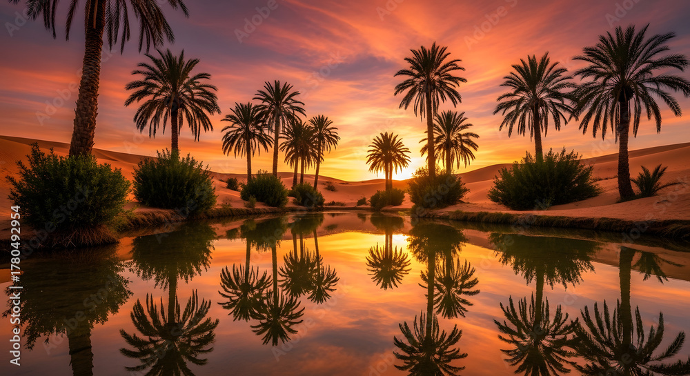 Obraz premium Palm trees reflected in water at sunset in the desert oasis with orange and pink sky view