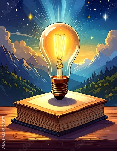 A large, glowing bulb radiates light, atop an open book, mountains in background, starry sky. Illumination and knowledge depicted