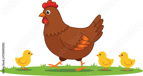 Brown mother hen walking with three yellow chicks on green grass, cute farm animal family, cartoon vector illustration design