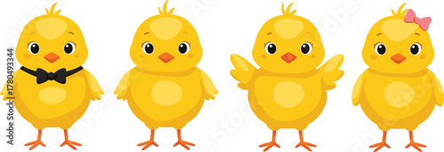 Set of cute yellow baby chicks with bow tie and ribbon, adorable cartoon chicken characters vector illustration for kids