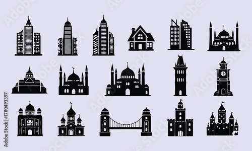 City skyline silhouette, urban landscape illustration, modern architecture, black vector art, skyscraper design, metropolitan view, cityscape graphic, skyline artwork, urban planning