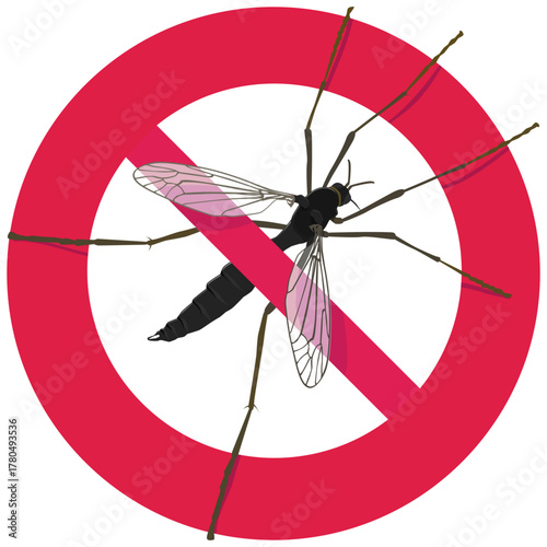 Mosquito inside a red circle with a slash (prohibition sign). Concept for pest control, insect repellent, or "No Bugs" symbol. (cut out)