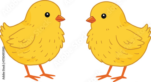 Cute yellow chicks standing facing each other, adorable baby birds cartoon vector, fluffy farm animals illustration, spring poultry artwork design