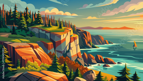 Very beautiful panoramic view of the coastline at Acadia National Park, Maine, USA, featuring rugged cliffs, pine trees, rocky shorelines, and the Atlantic Ocean under warm sunlight in a realistic nat