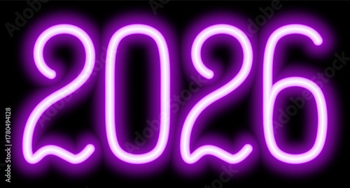 2026. Neon. Purple shining number. New Year. Color vector illustration. Isolated on black background. Idea for web design, banner